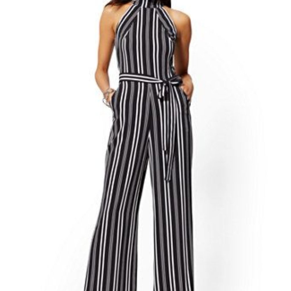 New York Company Black and White Striped Mock Neck Halter Top Jumpsuit Sz 4